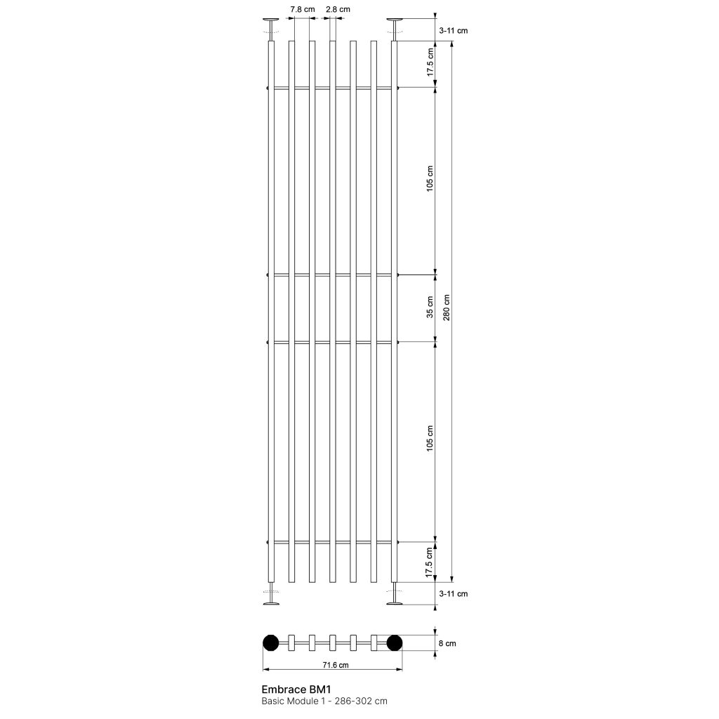 Teknisk tegning fra WoodUpp av Embrace BM1 (Basic Module 1). Viser åtte vertikale trelameller montert mellom justerbare gulv-til-tak-fester, horisontale avstivere og mål (høyde 286–302 cm, bredde 71,6 cm). Inkluderer planvisning, tverrsnitt, lamellavstand (7,8 cm) og runde endefester med detaljerte målangivelser.
